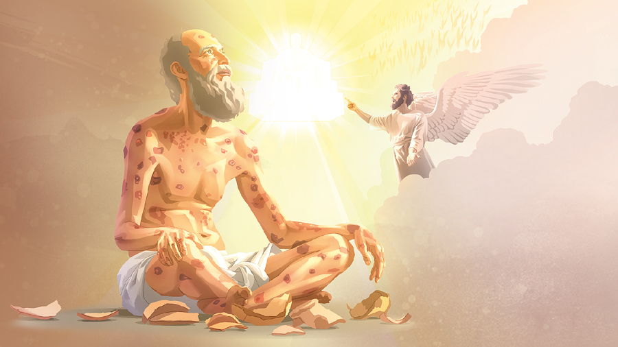 الشيطان في السماء يتهم أيوب امام يهوه.‏ أيوب يجلس على الأرض وجسمه مليء بالدمامل