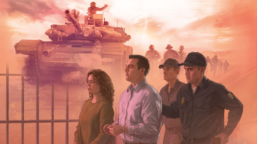 مثالان على الظلم:‏ ١-‏ جندي في دبابة وجنود آخرون يمشون وراءها.‏ ٢-‏ شرطيان يرافقان زوجين من الشهود وهما مقيَّدان