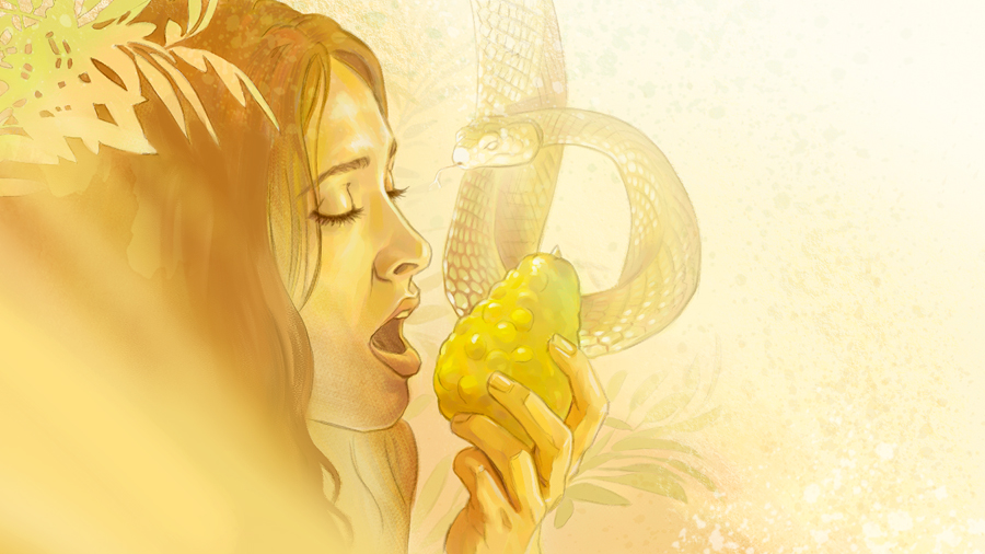 الحية تراقب حواء فيما تأكل من الثمرة المحرَّمة