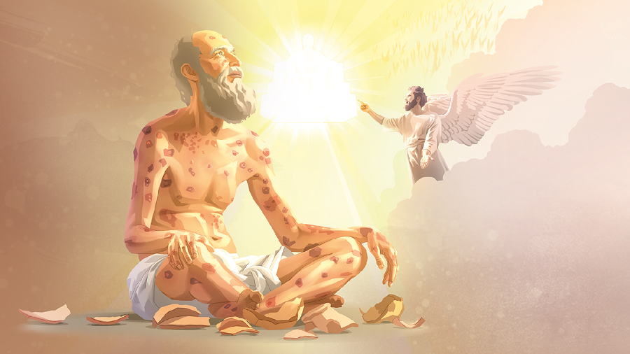 الشيطان في السماء يتهم أيوب امام يهوه.‏ أيوب يجلس على الأرض وجسمه مليء بالدمامل