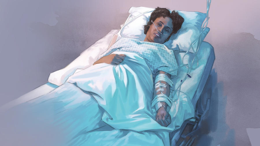 امرأة على سرير في المستشفى تأخذ دواء بالوريد وأنبوب اكسجين على انفها