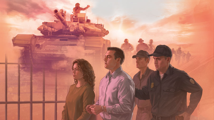 مثالان على الظلم:‏ ١-‏ جندي في دبابة وجنود آخرون يمشون وراءها.‏ ٢-‏ شرطيان يرافقان زوجين من الشهود وهما مقيَّدان