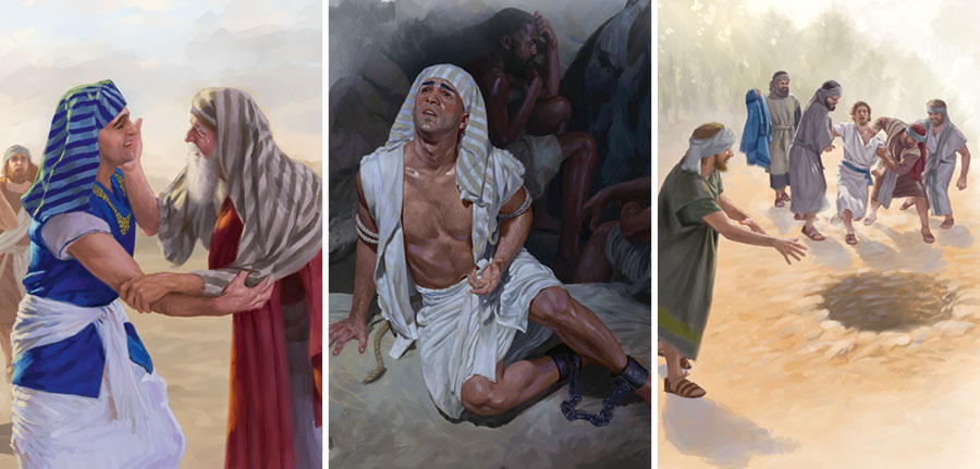 ١-‏ اخوة يوسف يرمونه في بئر.‏ ٢-‏ يوسف ينظر الى السماء من داخل السجن.‏ ٣-‏ يوسف فرحان بمقابلة ابيه يعقوب