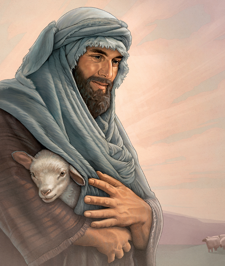 راعٍ يحمل بمحبة خروفا في حضنه