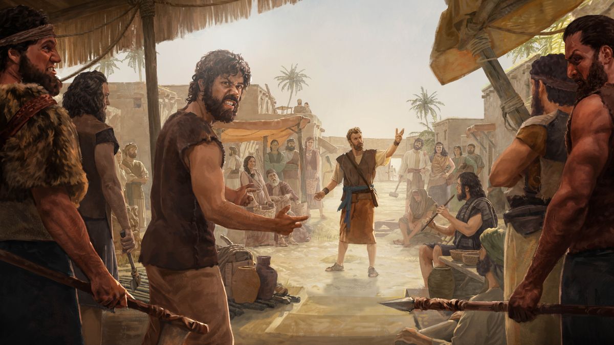 أخنوخ يُعلن حكم اللّٰه على الناس في شارع مزدحم.‏ بعض الناس هناك ينظرون إليه بغضب وانزعاج،‏ والبعض الآخر يحملون أسلحة