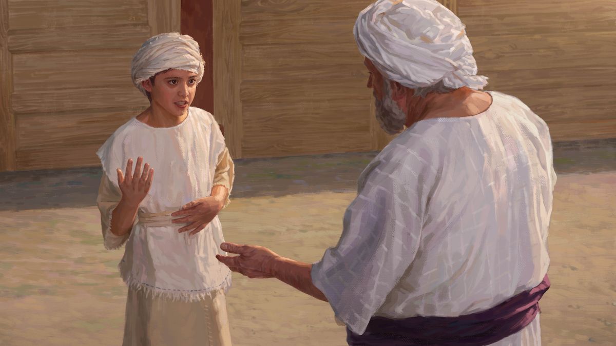 صموئيل الصغير يقف قرب أبواب ساحة الخيمة المقدسة ويتكلم مع رئيس الكهنة عالي