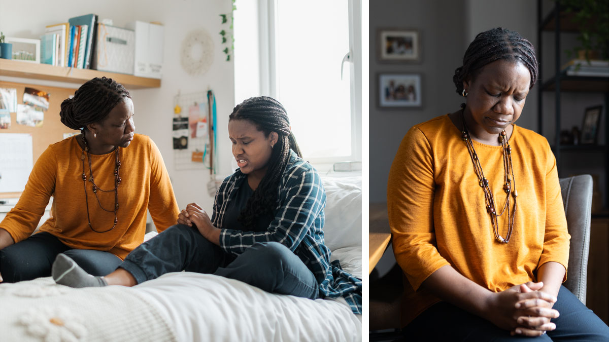 مجموعة صور:‏ أُمٌّ تأخذ خطوتين لتصل إلى قلب ابنتها.‏ ١-‏ تُصلِّي وحدها بحرارة.‏ ٢-‏ تصغي جيدًا إلى ابنتها وهي تُعبِّر عن مشاعرها