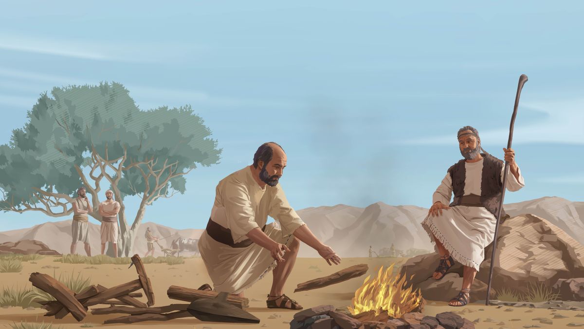 أليشع يُوقِد النار مستعملًا قطعًا خشبية من محراثه.‏ إيليا يجلس على صخرة قريبة وينظر إليه