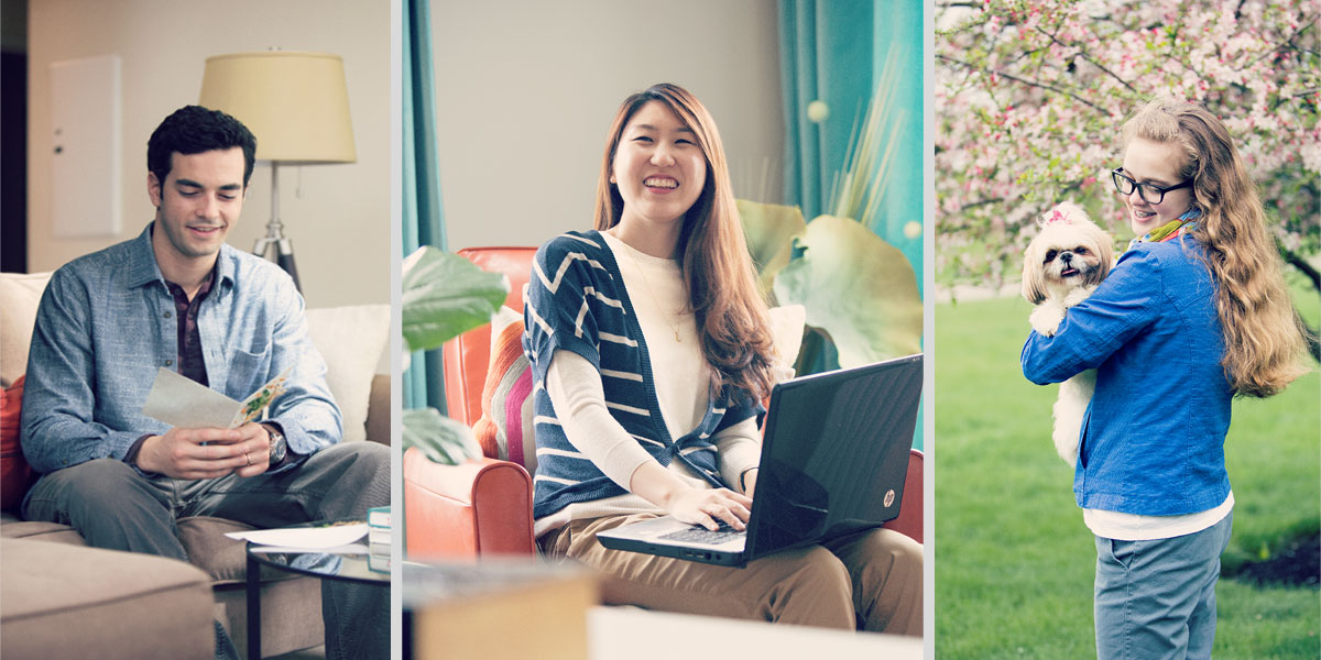 فتاة تحمل جروا،‏ سيدة تعمل علی جهاز كمبيوتر،‏ ورجل ينظر الی بطاقة صنعتها زوجته بيديها