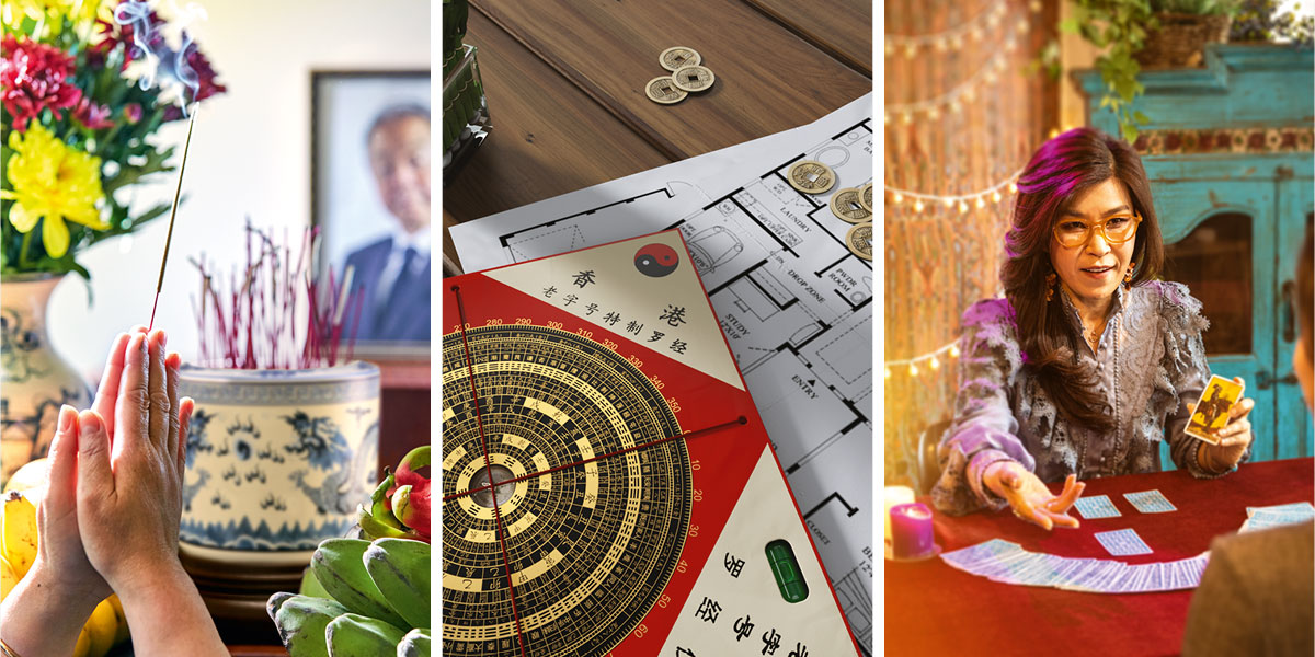 ١-‏ مبصِّرة تقرأ بطاقات التارو لزبونة.‏ ٢-‏ بوصلة فنغ شوي وخريطة هندسية لبيت.‏ ٣-‏ امرأة تقدِّم طعامًا وأزهارًا وبخورًا لجدها الميت