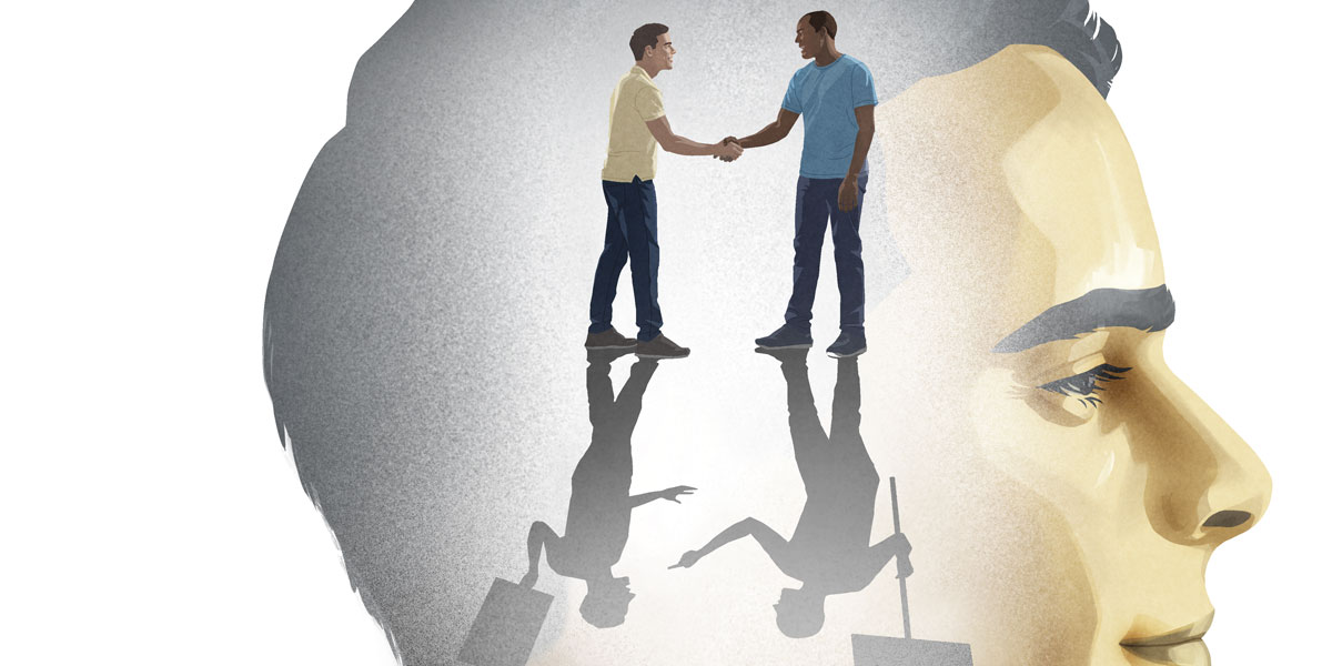 رجل يتخيل نفسه يسلِّم علی رجل من عرق آخر.‏ وظلُّهما علی الأرض يبيِّن أنهما يتشاجران ويحملان لافتات معارضة