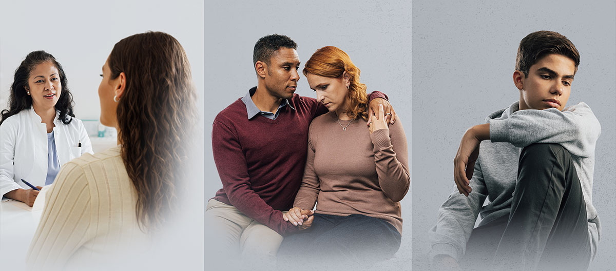 ١-‏ مراهق يبدو حزينًا ومكتئبًا.‏ ٢-‏ رجل يشجع زوجته المكتئبة.‏ ٣-‏ امرأة تتكلم مع طبيبتها