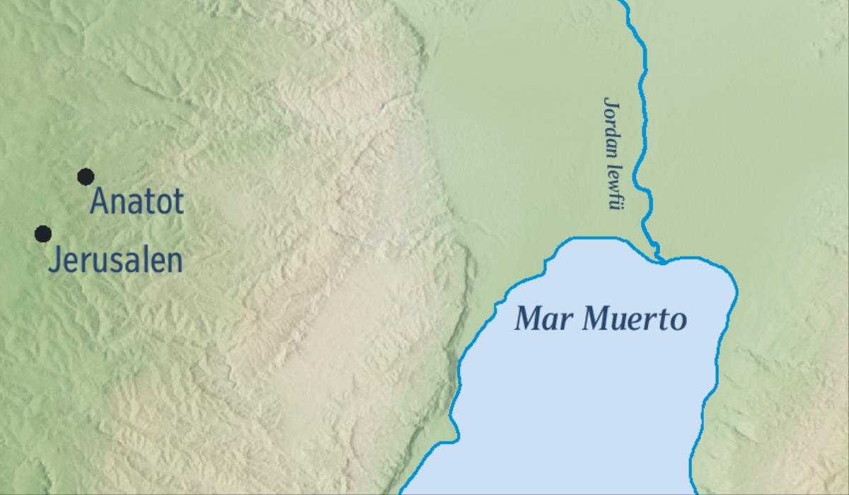 Kiñe mapa pengelkelu Jerusalen ka Jeremia ñi tuwün waria Anatot
