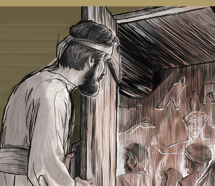 [Ilustración]Ezequiel asomándose a un cuarto del patio interior del templo, donde hay ancianos ofreciéndoles incienso a imágenes de dioses falsos grabadas en la pared.