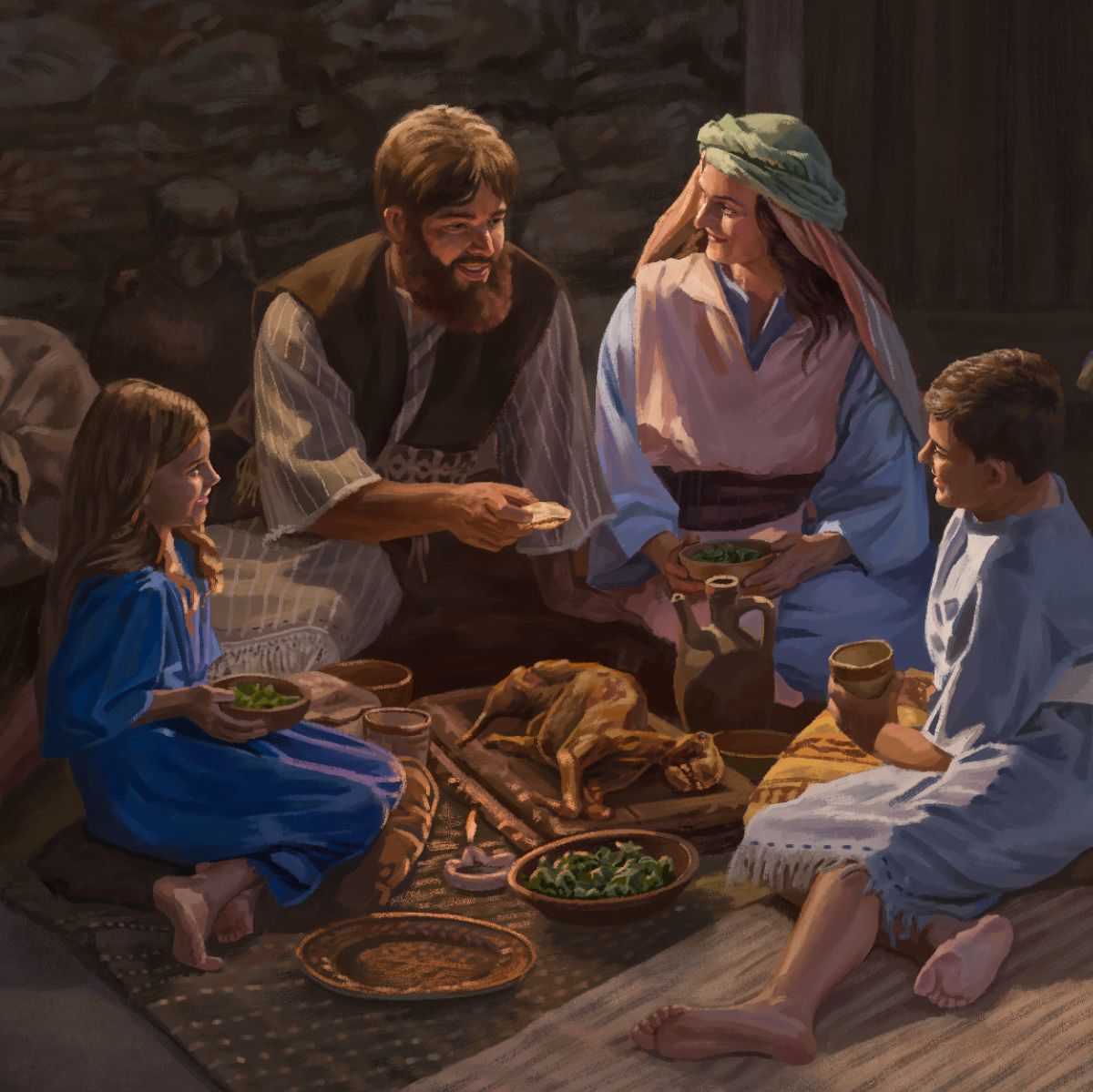 Una familia israelita celebrando la Pascua.