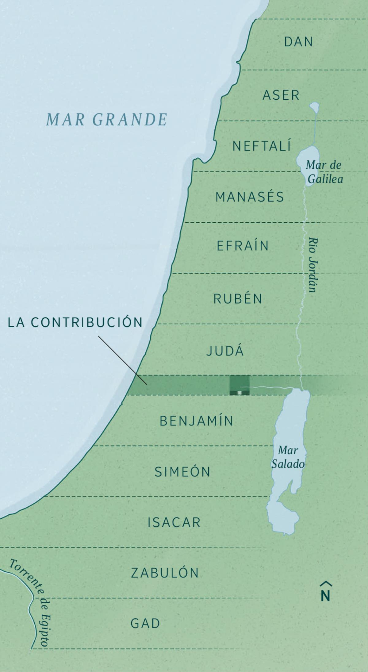 Un mapa mostrando las fronteras de las franjas de tierra que se entregarían a los exiliados que volvieran, tal como las describió Ezequiel. Los territorios heredados por las tribus trazados de forma equitativa de norte a sur, empezando por Dan y siguiendo por Aser, Neftalí, Manasés, Efraín, Rubén, Judá, la contribución (franja para un propósito administrativo), Benjamín, Simeón, Isacar, Zabulón y Gad.