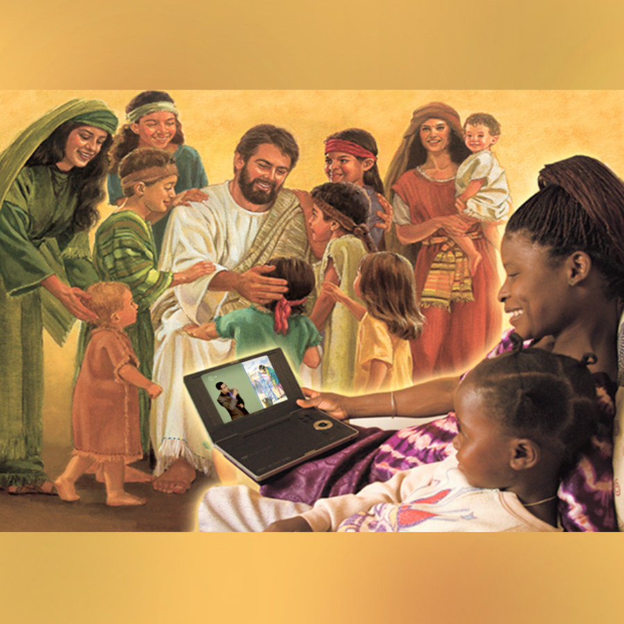 1. Jesus spends time with children; 2. A father discusses the Learn From the Great Teacher book with his son