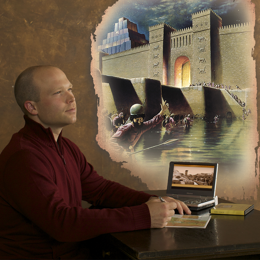 As he reads the Bible, a man imagines the scene from Isaiah’s prophecy about the fall of Babylon