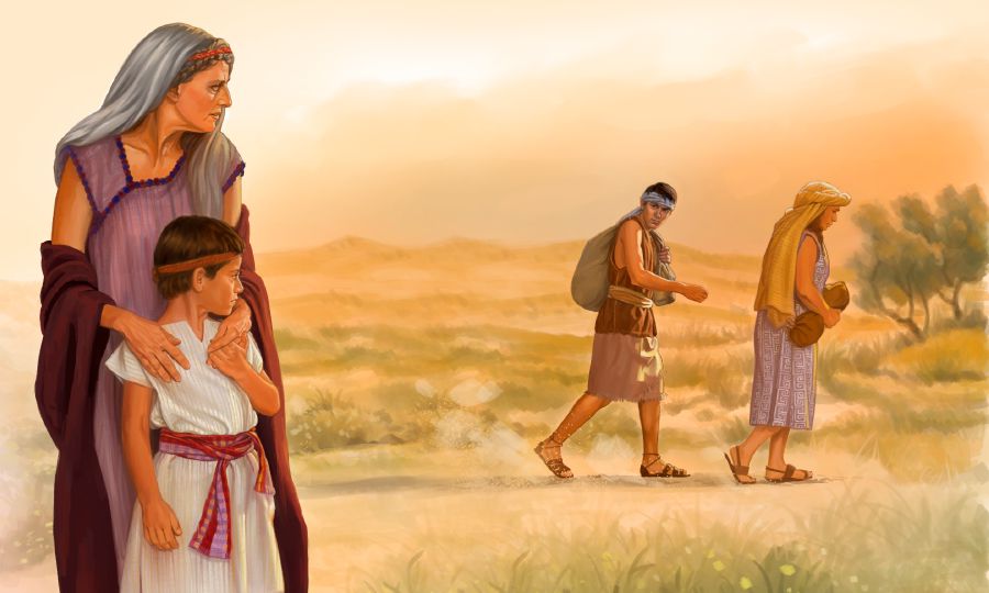 Sarah holds Isaac while Hagar and Ishmael walk away