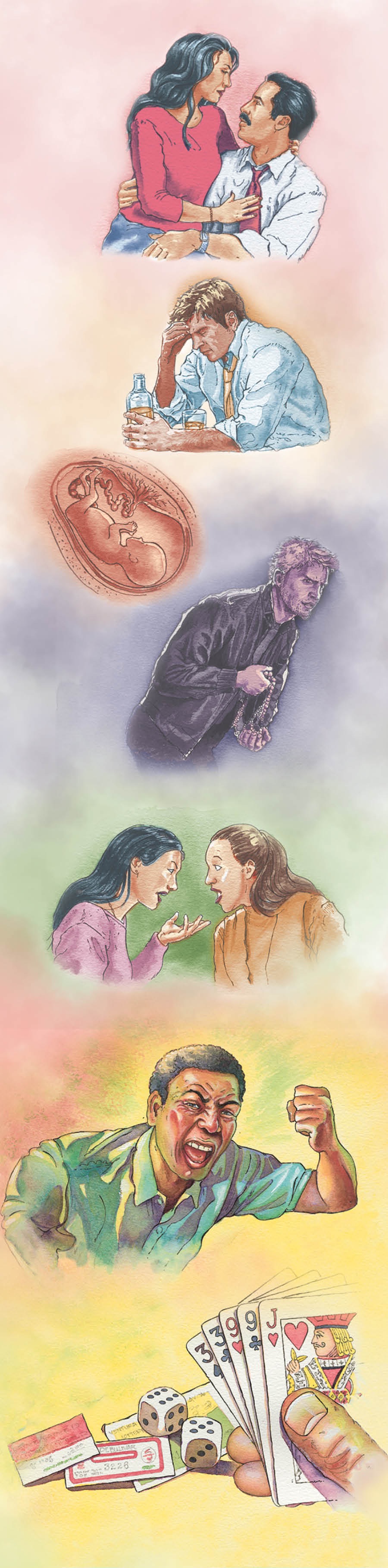 Dinge, die Jehova hasst, sind sexuelle Unmoral, Trunkenheit, Abtreibung, Diebstahl, Lügen, unbeherrschter Zorn und Glücksspiel