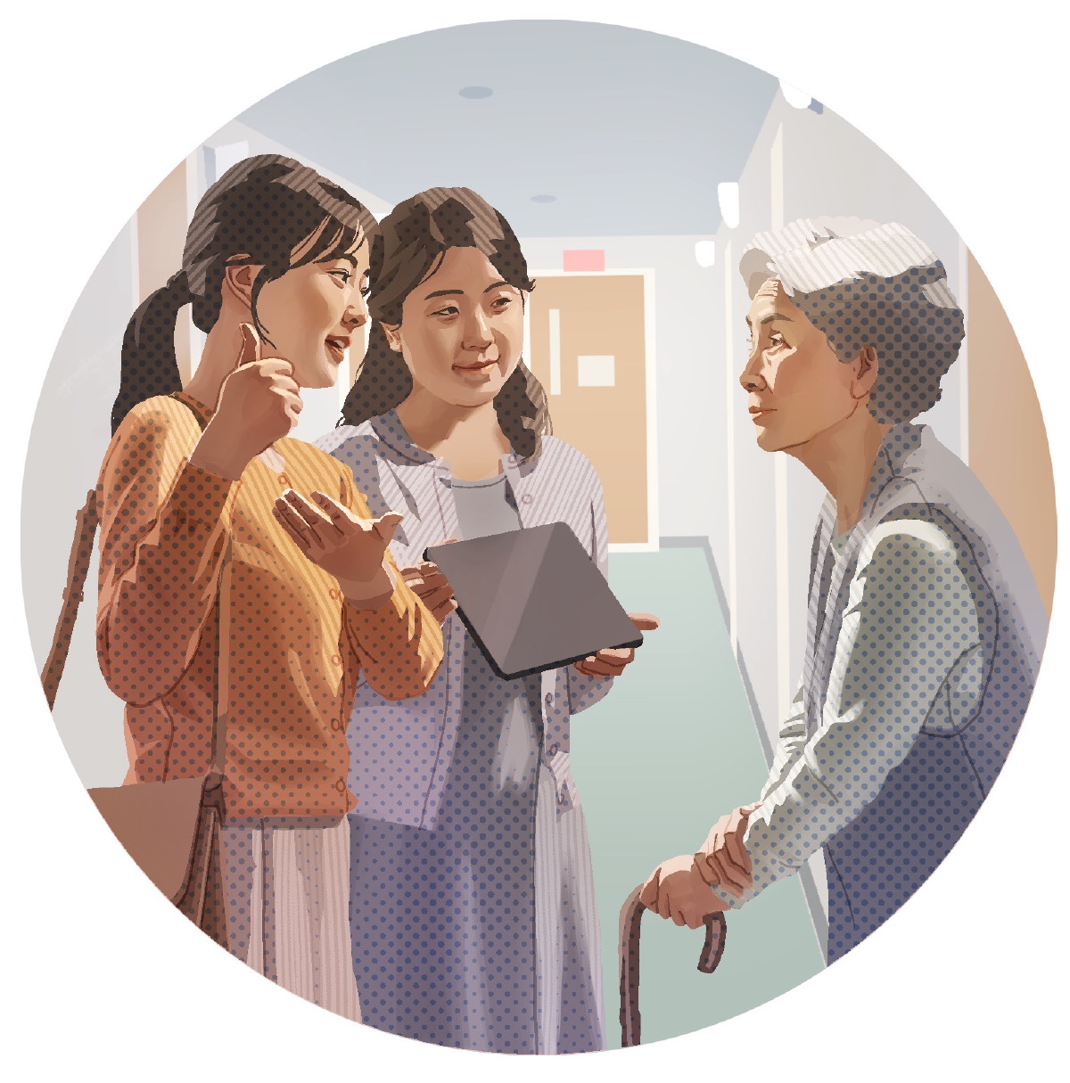 Die Frau spricht mit einer älteren Dame über die Bibel. Sie wird von ihrer Bibellehrerin im Predigtdienst begleitet.