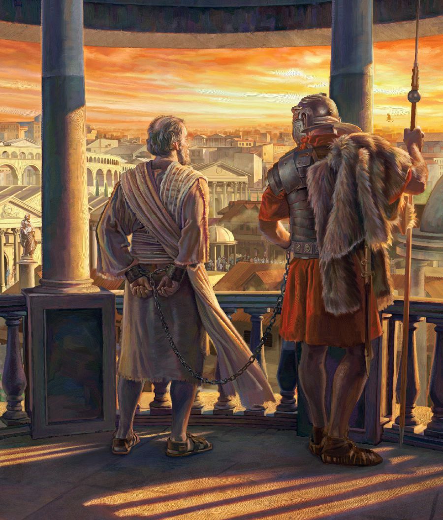 Depuis un balcon, Paul, enchaîné à un soldat, regarde Rome.