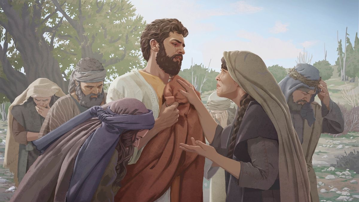 Jésus pleure avec Marie, Marthe et d’autres proches de Lazare.