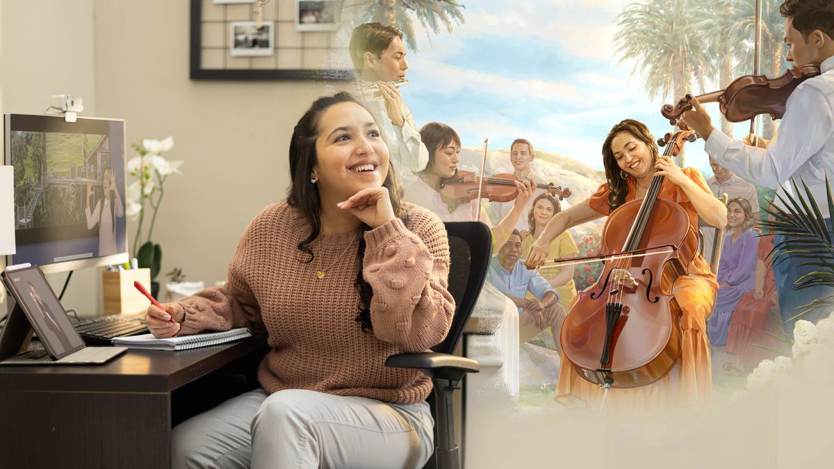 Une sœur sourde regarde le clip vidéo « Le monde nouveau » en langue des signes et médite sur ce que sera la vie dans le monde nouveau. Elle s’imagine en train de jouer du violoncelle aux côtés d’autres musiciens.