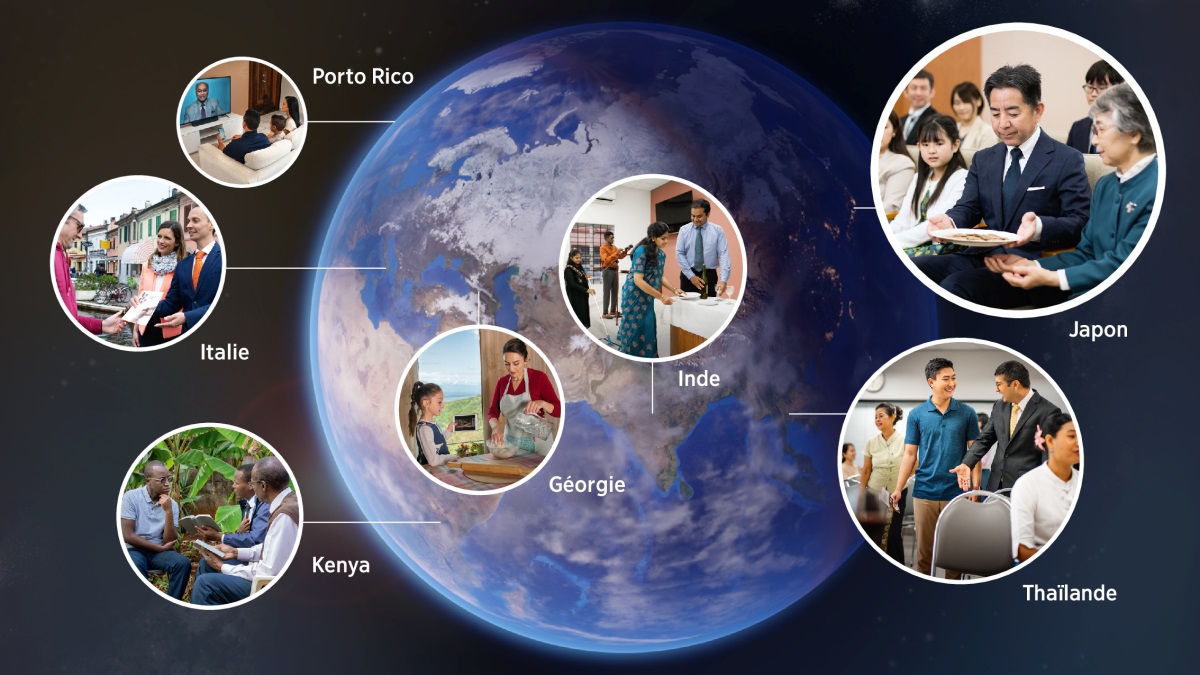 Montage : Dans un endroit du monde, des adorateurs de Jéhovah célèbrent le Mémorial tandis qu’ailleurs, d’autres préparent cet évènement unique. 1. À Porto Rico, une famille regarde le culte matinal préparé pour l’occasion. 2. En Italie, en prédication, un couple donne une invitation à un monsieur. 3. Au Kenya, deux frères lisent un verset biblique à un homme. 4. En Géorgie, une mère et sa petite fille préparent le pain pour le Mémorial, en suivant les indications de la vidéo « Comment faire le pain du Mémorial ». 5. En Inde, des frères et sœurs nettoient leur salle du Royaume et disposent les emblèmes sur une table. 6. En Thaïlande, un frère accueille un homme et l’aide à trouver une place dans la salle du Royaume. 7. Au Japon, un frère passe l’assiette contenant le pain à la sœur assise à côté de lui.