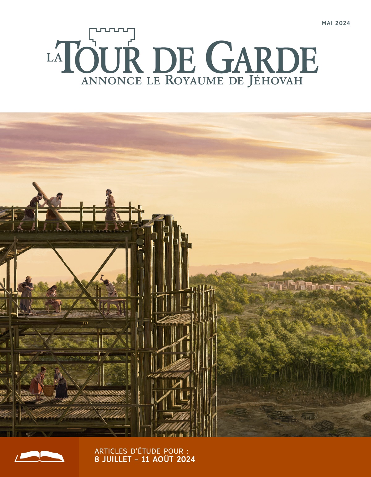 Noé et sa famille sont en train de construire l’arche. Au loin, on voit un village entouré d’une forêt.