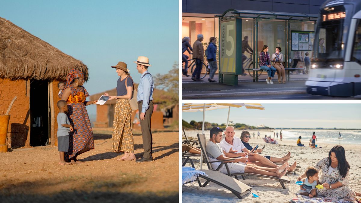 Ensemble d’illustrations : Différentes façons dont nous pouvons communiquer la bonne nouvelle : 1) En Afrique, un couple prêche à une femme et à ses enfants devant chez eux. 2) Une sœur donne le témoignage à une femme à un arrêt de bus en attendant que leur bus arrive. 3) Alors qu’il est en vacances, un frère parle avec un homme qui est assis à côté de lui à la plage.