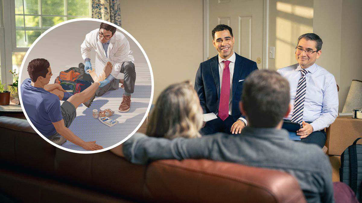 Deux anciens rendent visite à un couple. En médaillon, on voit un médecin qui enroule un bandage autour de la cheville d’un homme.