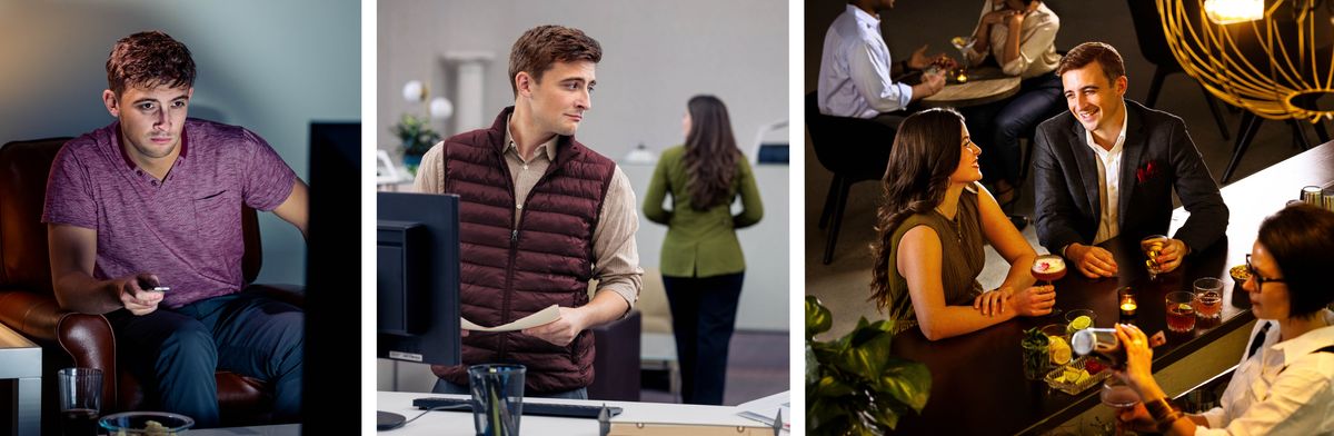 Ensemble d’illustrations : 1) Un frère regarde la télévision tard le soir. 2) Il porte un regard sensuel sur une de ses collègues. 3) Le frère et sa collègue prennent un verre dans un bar.