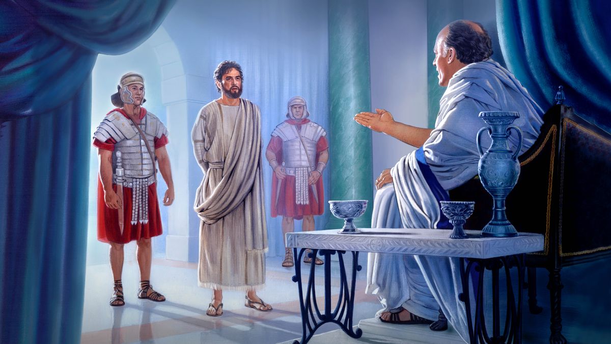 Jésus, gardé par deux soldats romains, est interrogé par Ponce Pilate.