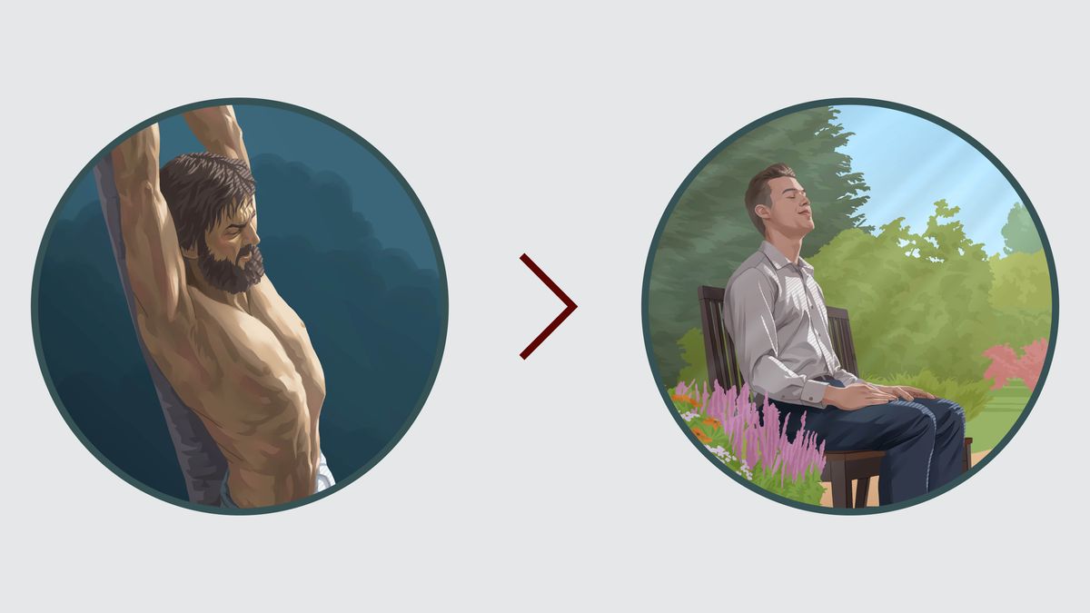 Ensemble d’illustrations : Au moyen du sacrifice de Jésus, Jéhovah rétablit de bonnes relations avec nous. 1) Jésus sur le poteau de supplice. 2) Un frère qui ressent une grande paix intérieure prie dans un parc.