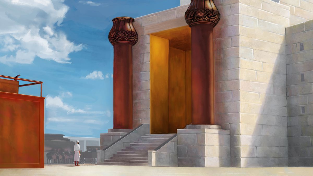 Un Lévite se tient entre l’autel de cuivre et le porche du Temple.