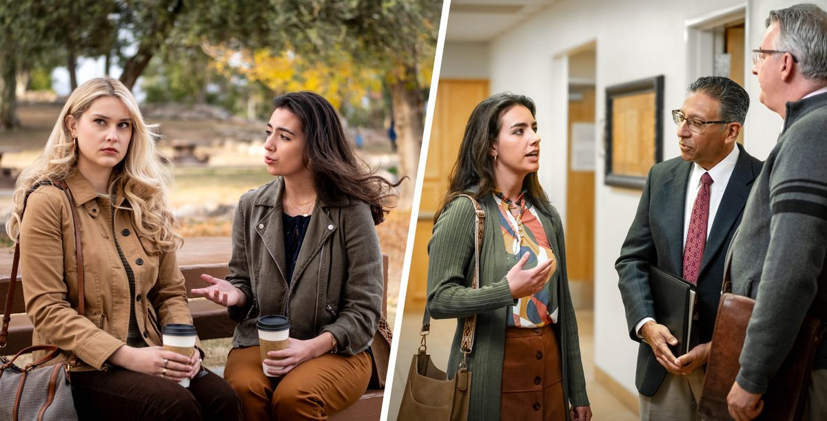 Ensemble d’illustrations : 1) Deux sœurs sont assises sur un banc dans un parc ; elles boivent un café. L’une d’elles parle tandis que l’autre détourne le regard. 2) Plus tard, à la salle du Royaume, la sœur qui parlait s’entretient avec deux anciens.