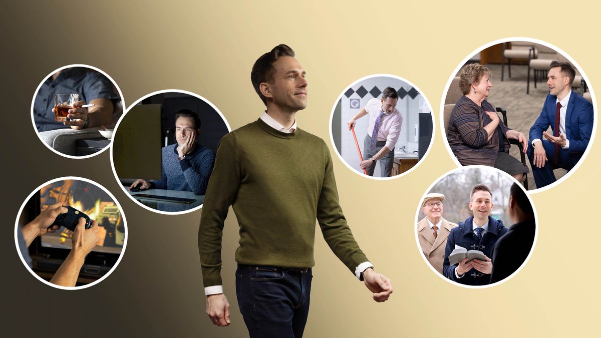 Un frère marche, l’air confiant. Ensemble d’illustrations : Trois médaillons illustrent ce qu’il faisait par le passé, trois autres illustrent ce qu’il fait aujourd’hui. Voici ce qu’il faisait par le passé : 1. Il jouait à des jeux vidéo violents. 2. Il buvait et fumait. 3. Il regardait des images et autres contenus malsains. Voici ce qu’il fait aujourd’hui : 1. Il participe au nettoyage de la salle du Royaume. 2. Il parle avec une sœur âgée. 3. Il participe à la prédication.