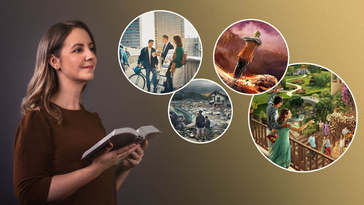Une sœur lit et médite des prophéties bibliques. Ensemble d’illustrations : 1. Un couple se tenant près d’un présentoir mobile parle avec un monsieur. 2. Un père et son fils regardent les dégâts causés par une catastrophe naturelle. 3. Une pierre frappe les pieds de la statue vue en rêve par Nabuchodonosor, que décrit Daniel chapitre 2. 4. Des humains vivent heureux dans le paradis.