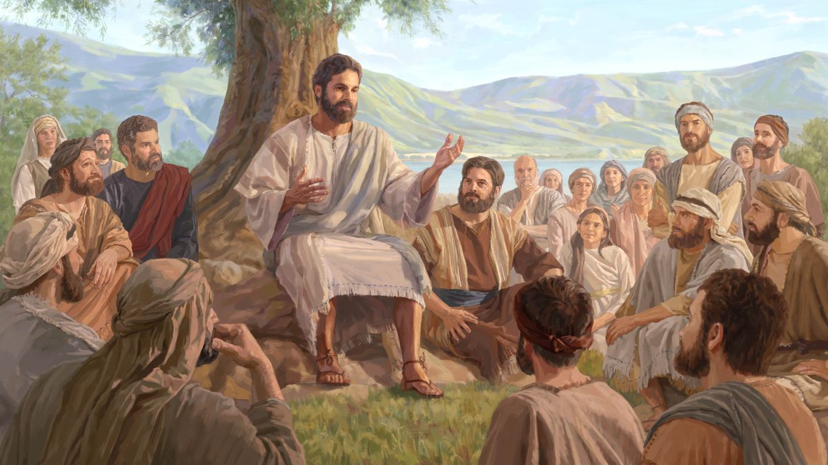 Jésus prononce le Sermon sur la montagne devant une grande foule.