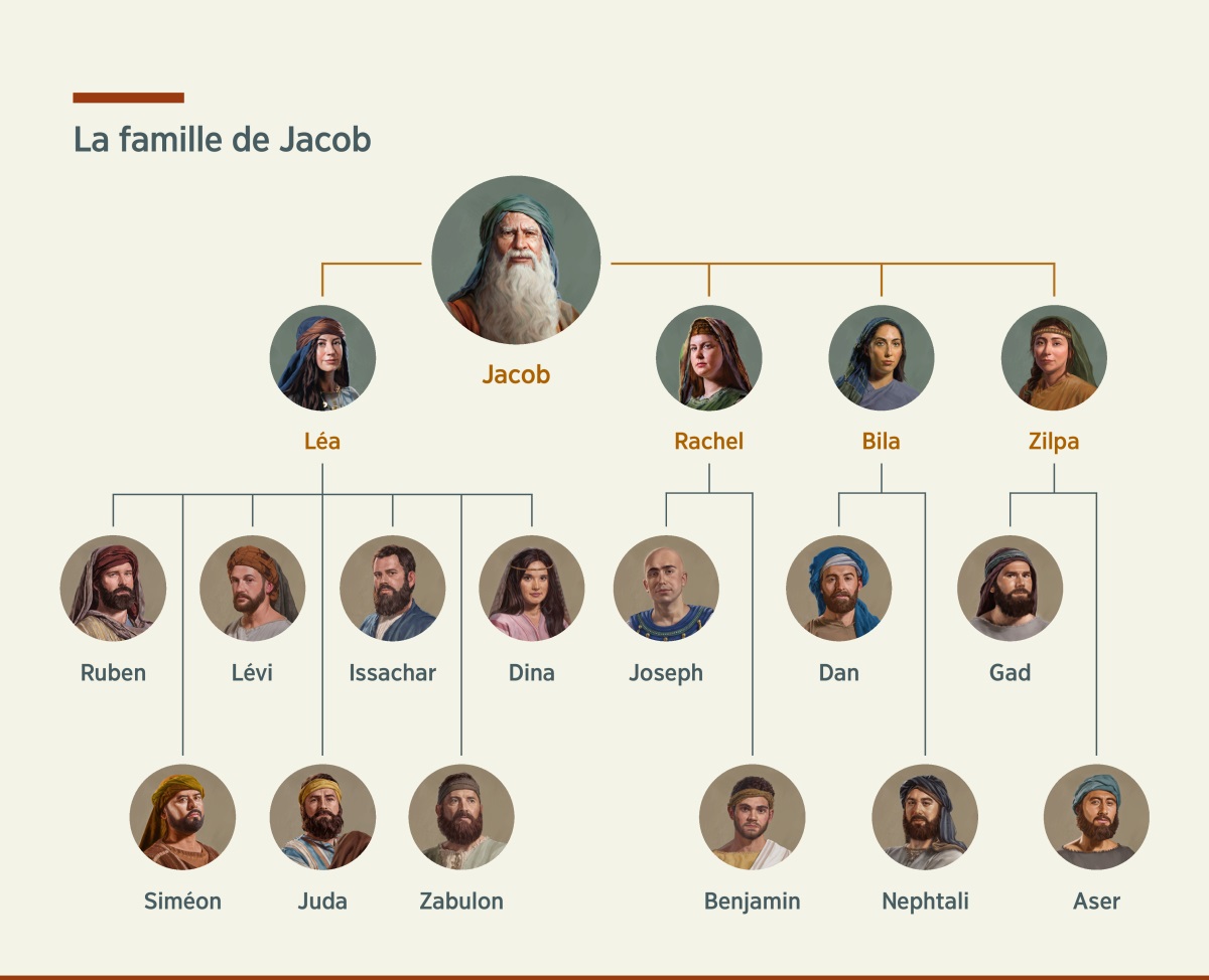 Tableau représentant la famille de Jacob. Il a deux femmes, Léa et Rachel, ainsi que deux concubines, Bila et Zilpa. Léa lui a donné Ruben, Siméon, Lévi, Juda, Issachar, Zabulon et Dina. Rachel lui a donné Joseph et Benjamin. Bila lui a donné Dan et Nephtali. Zilpa lui a donné Gad et Aser.