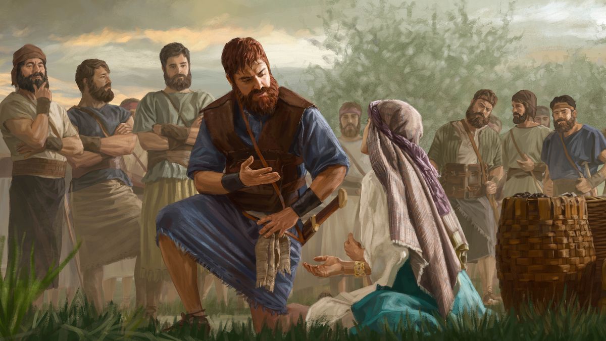 David écoute attentivement Abigaïl, qui est assise à même le sol et qui le supplie.