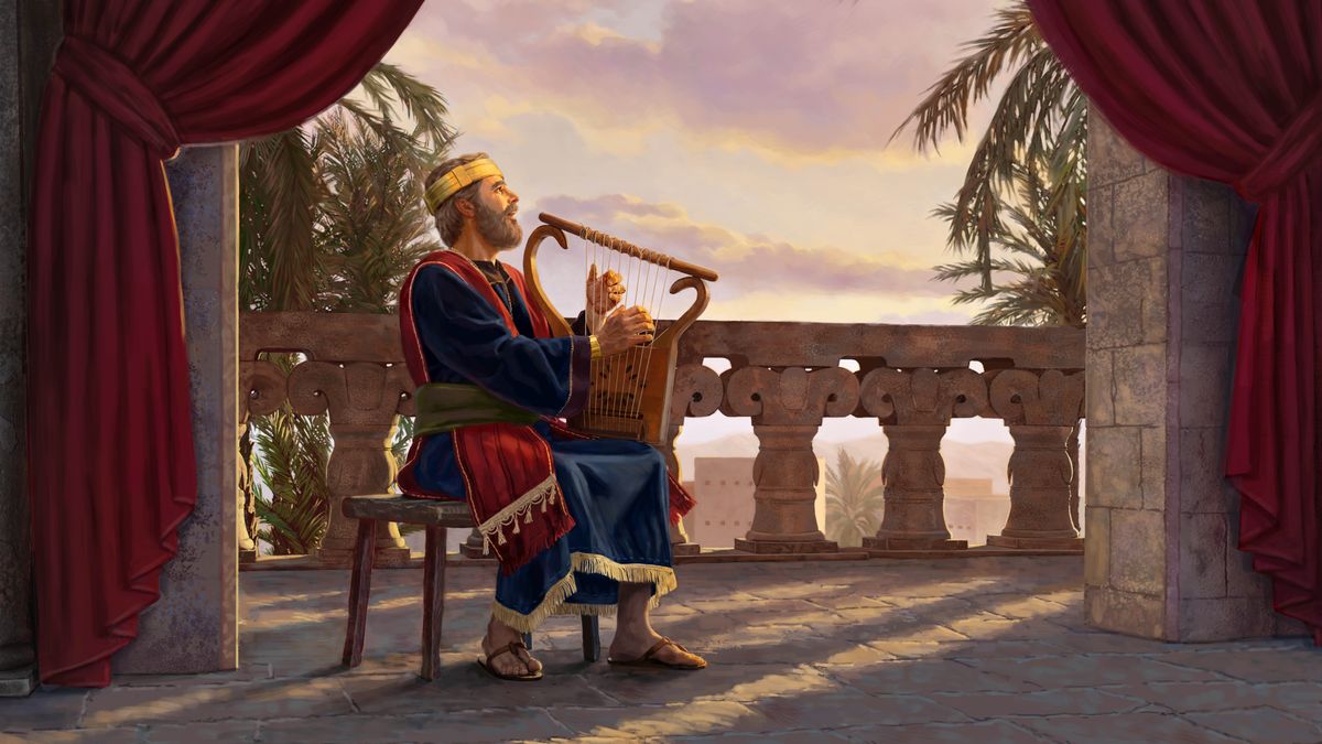 Le roi David est sur un balcon. Il joue de la harpe tout en chantant.