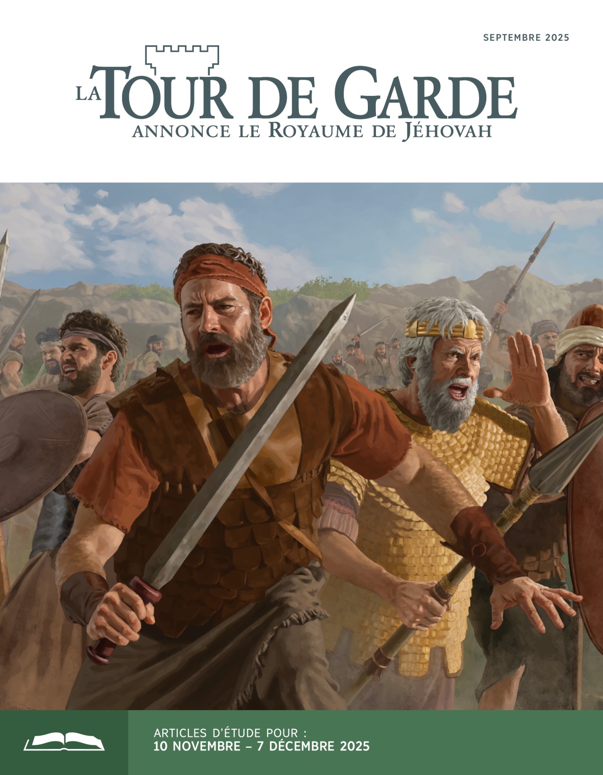 Jonathan, Saül et des soldats israélites se battent sur un champ de bataille ; ils sont armés d’épées, de lances et de boucliers.