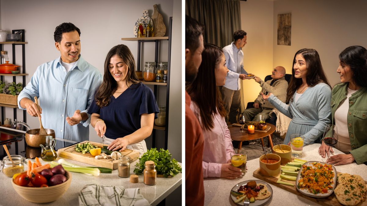 Ensemble d’illustrations : Un mari et sa femme se traitent l’un l’autre avec respect. 1) Le mari parle gentiment à sa femme alors qu’ils préparent un repas dans la cuisine. 2) La femme parle en bien de son mari à ses invités tandis que celui-ci propose à manger à un frère âgé.
