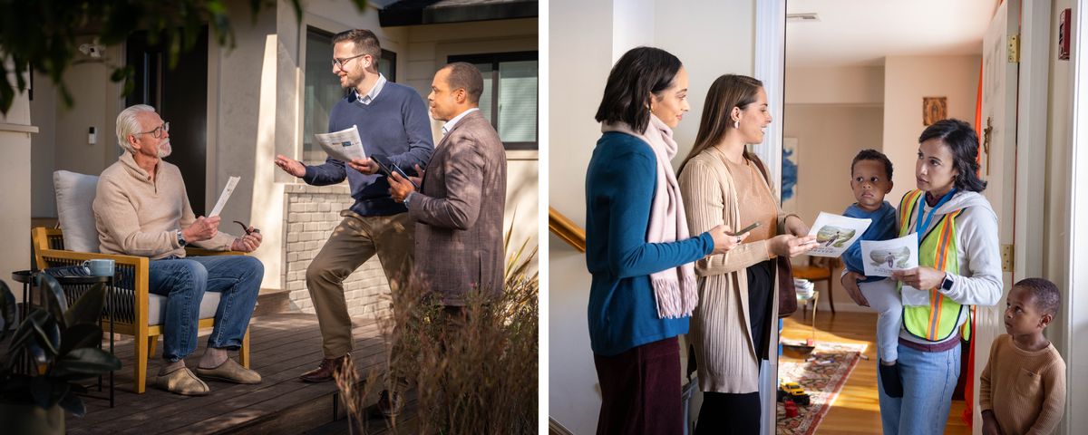 Ensemble d’illustrations : 1. Deux frères parlent avec un homme âgé assis sous le porche de sa maison. 2. Deux sœurs donnent une brochure « Vivez pour toujours ! » à une dame qui se tient sur le pas de la porte de son appartement. Cette dame porte le plus jeune de ses fils tandis que son autre fils est debout à côté d’elle.