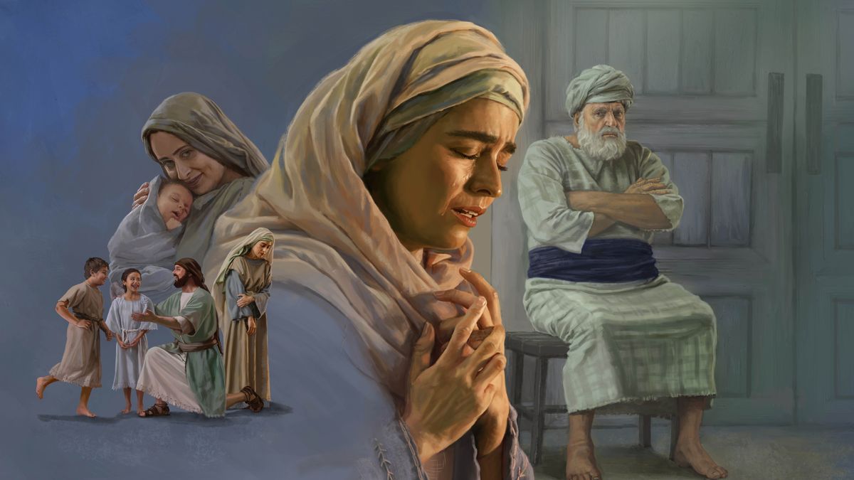 Ensemble d’illustrations : 1) Affligée, Anne détourne le regard pour ne pas voir Elkana jouer avec deux de ses enfants. 2) Penina sourit en berçant son nouveau-né. 3) Anne prie avec ferveur tout en pleurant. 4) Le grand prêtre Héli est assis, les bras croisés, et regarde Anne avec un air de reproche.