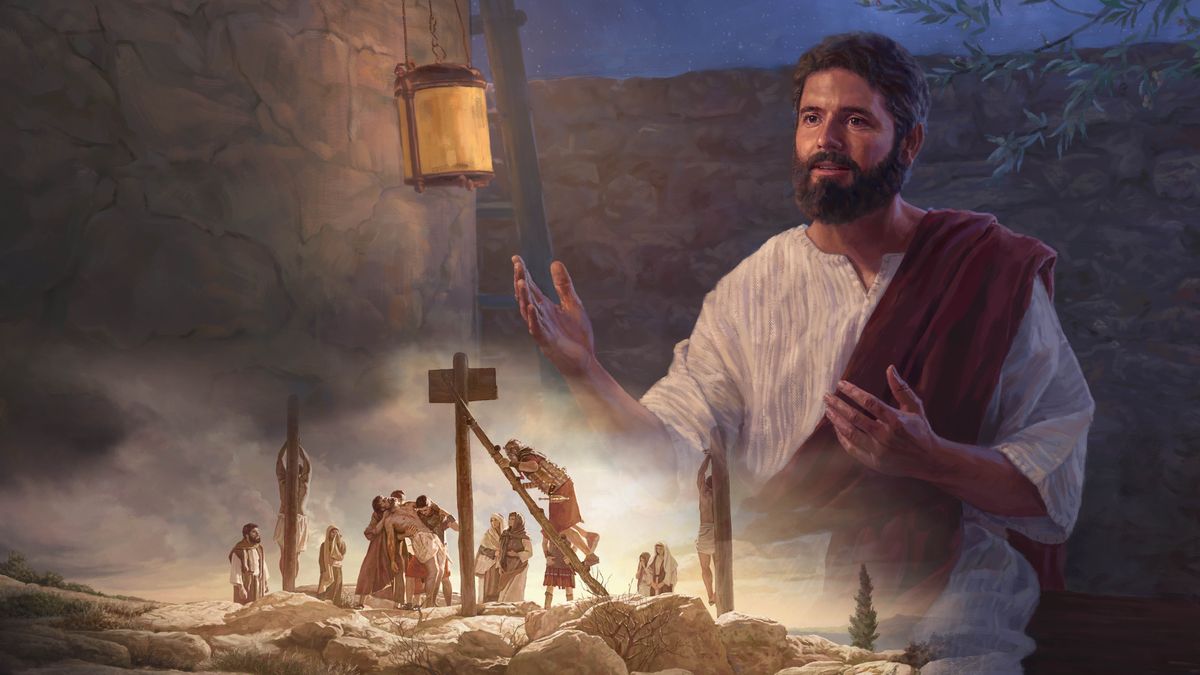 Ensemble d’illustrations : 1) Jésus parle tandis qu’il fait nuit. 2) Le corps sans vie de Jésus est enlevé du poteau de supplice par des soldats romains.