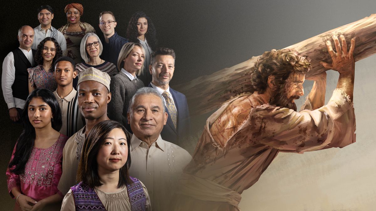 Ensemble d’illustrations : 1) Des gens de différentes origines. 2) Jésus porte son poteau de supplice.