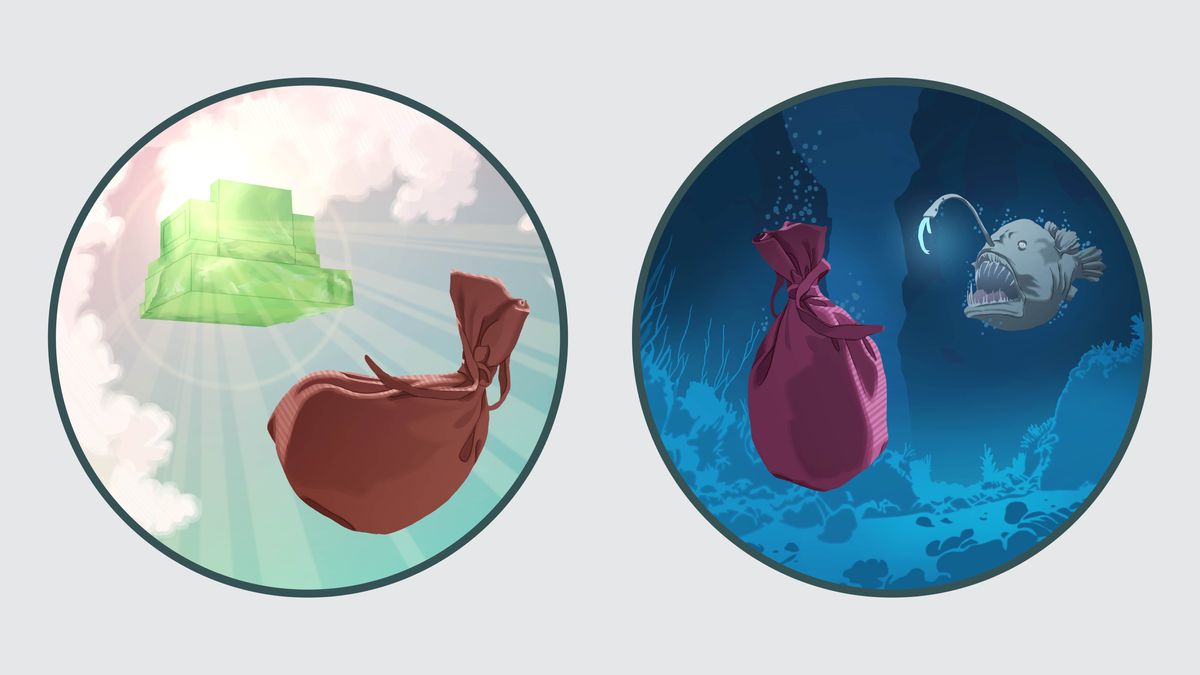 Ensemble d’illustrations : 1) Un gros sac lourd est jeté derrière le trône de Jéhovah. 2) Un gros sac lourd s’enfonce toujours plus bas dans la mer.